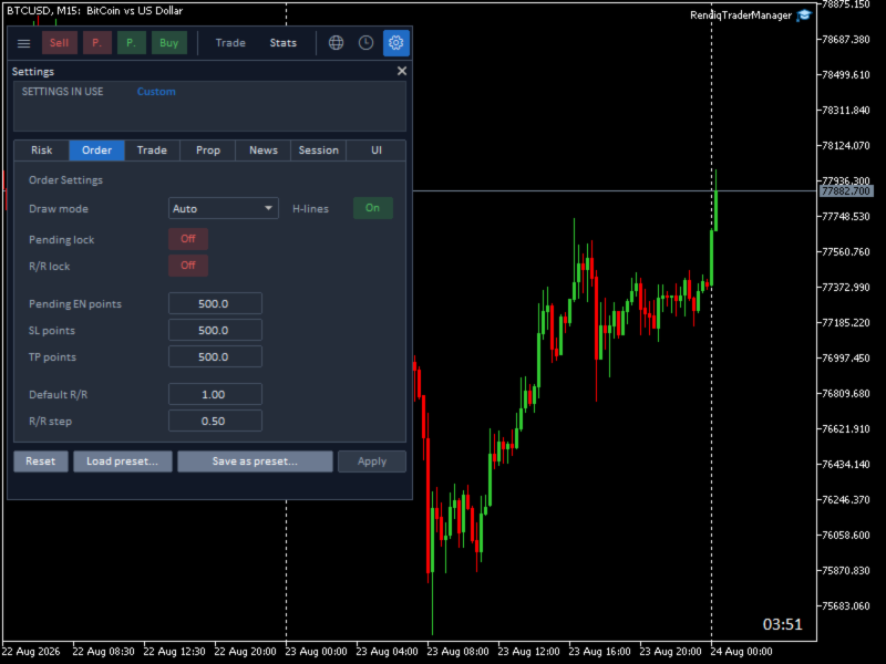 Rendiq Trade Manager main settings dialog